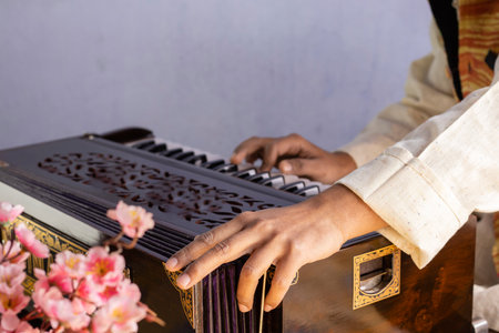 selective focus on human hand playing harmonium - indian classical instrumentsの写真素材