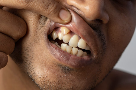 Close-up of irregular teeth shown by an Indian man