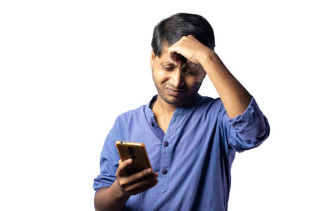 A young Indian male in blue dress facing headache with smart phone in hand on white backgroundの写真素材