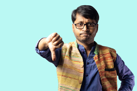 A young Indian male in blue dress showing thumb down on blue background