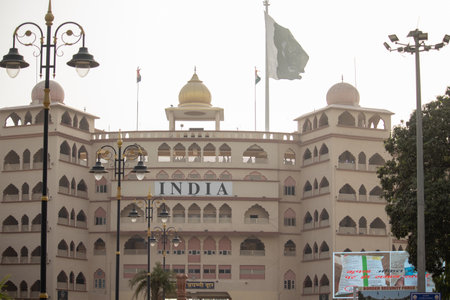 Amritsar, Punjab, India - May 20th 2022: Flags of India and Pakistan flying at the attari wagah border regionのeditorial素材