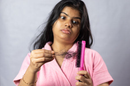 Selective focus on a pink hair brush full of fallen hair held in hand by a worried Indian woman on white backgroundの写真素材