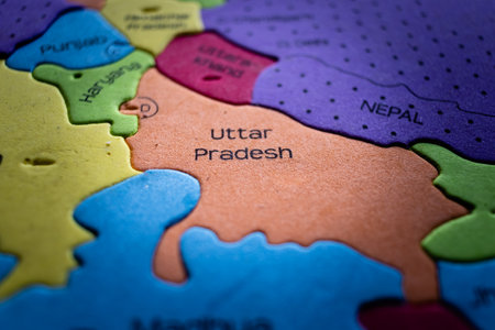 Selective focus on map of Uttar Pradesh - a state of Indiaの写真素材