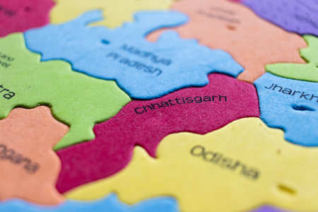 Selective focus on map of Chhattisgarh - a state of India