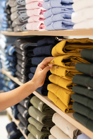 Selective focus on garments arranged in racks and human hand in a shopping mallの写真素材