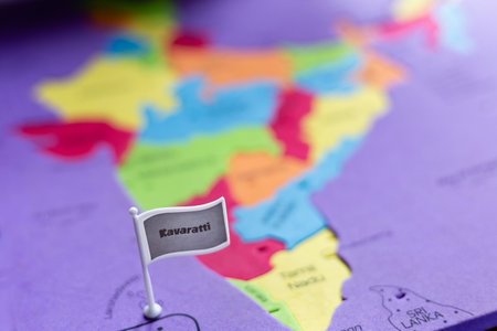 Selective focus on Kavaratti - a union territory capital of Lakshadweep on an Indian map