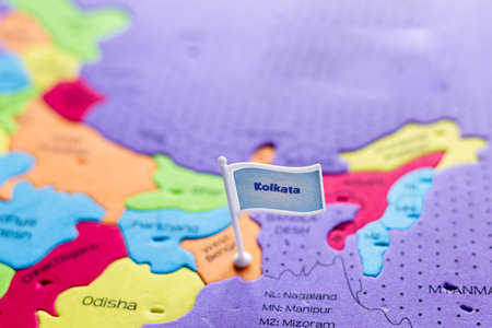 Selective focus on Kolkata - the capital city of West Bengal on an Indian map