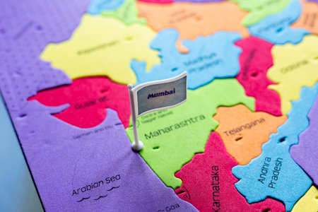 Selective focus on Mumbai - the capital city of Maharashtra on an Indian mapの写真素材