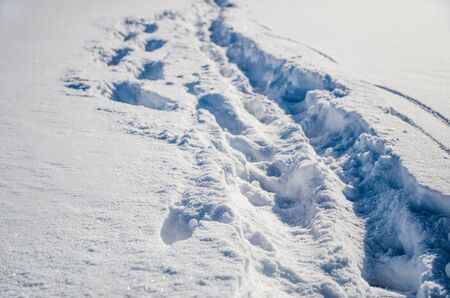 A track of footprints in the snow in sunny dayの写真素材