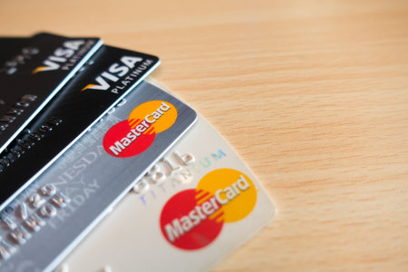 BANGKOK ,THAILAND JUL 15, 2016 . Closeup studio shot of credit cards issued by the VISA and MasterCard.のeditorial素材