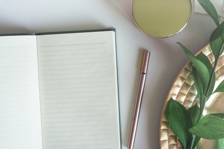 notebook copy space, pink glass box and green leavesの写真素材