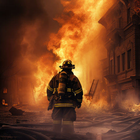 Firefighter back view. Burning building. Huge fireの素材