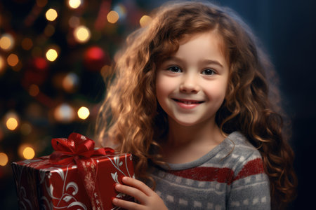 Girl holding a Christmas present. Little child with a beautifully wrapped box. Xmas lights at the backgroundの素材