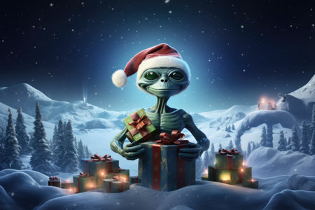 Alien in Santa hat holds Christmas gift boxes. Snowy winter fantasyの素材