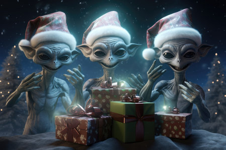 Happy aliens wearing Santa hats with wrapped Christmas gifts boxes. Xmas trees at the backgroundの素材