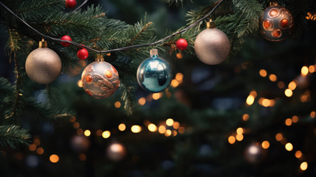 Christmas balls on the fir tree and lights at the background. Beautiful New Year decoration. AI generated imageの素材