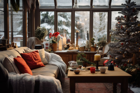 Patio or veranda decorated for Christmas season. Xmas tree. Snow outside of the window. AI generated imageの素材