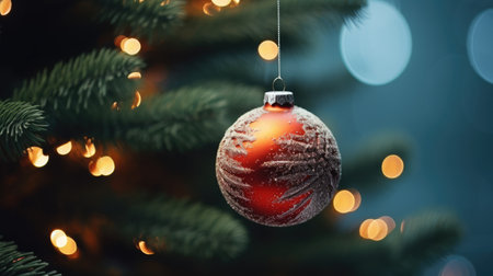 Red Christmas ball on a fir tree and lights at the background. Xmas and New Year atmosphere. AI generated imageの素材