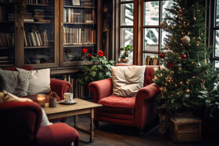 Living room with a decorated Christmas tree. Coaches and books. Snow outside of the window. AI generated imageの素材