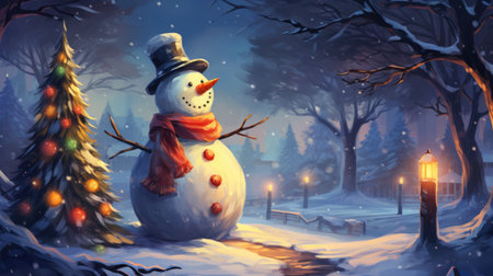 Snowman and decorated Christmas tree on a snowy night. New Year card, cartoon illustrationの素材
