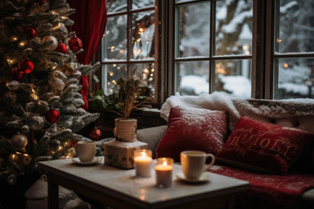 Patio or veranda decorated for Christmas season. New Year tree and candles. Snow outside of the windowの素材