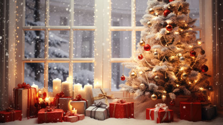 Decorated and illuminated Christmas tree, gift boxes and candles by the window. New Year ambienceの素材