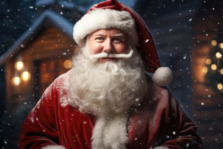 Man in Santa Claus costume. Christmas and New Year ambience on a snowy dayの素材