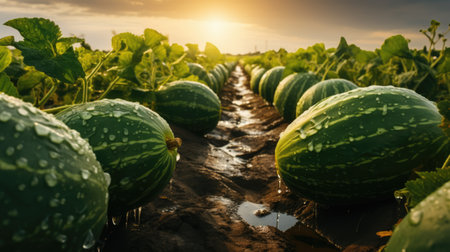 Watermelon field at golden hour sunset. Row of watermelons with drops of rain. Fruit and berry farmの素材