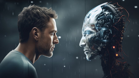 Artificial intelligence android and a male human look at each other. Communication conflict conceptの素材
