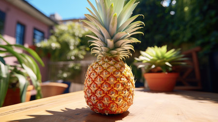 Whole pineapple on wooden table on a sunny day. Beautiful greenery at the backgroundの素材