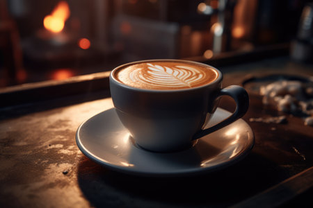 Cup of coffee on wooden table. Morning cappuccinoの素材