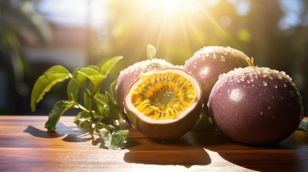 Passion fruits on the wooden table lit by sun lightの素材
