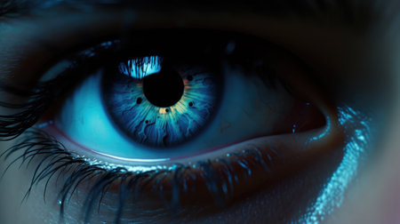 Human eye. Womans blue eye in dark tone. AI Generatedの素材