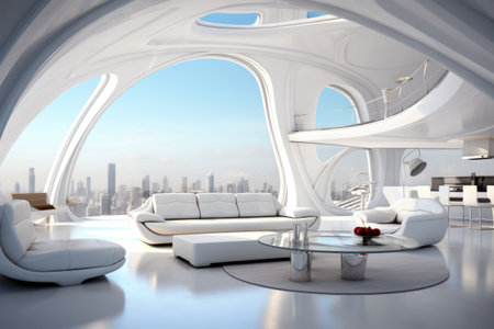 Interior design of future. White couches and walls. Spaceship style. Modern city. AI Generatedの素材