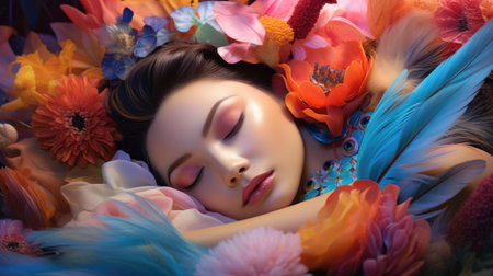 Beautiful young lady sleeping and dreaming of colorful paradise. Flowers and nice colors. AI Generatedの素材
