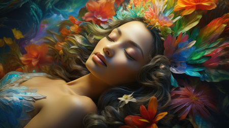 Beautiful young lady sleeping and seeing sweet colorful dreams. Dreaming of paradise. AI Generatedの素材