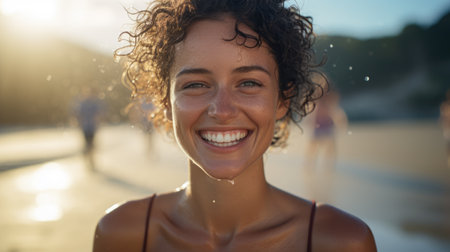 Beautiful happy smiling young woman on the ocean beach. AI Generatedの素材