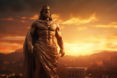 Statue of Zeus in Ancient Greece. Greek Gods. Heracles. Acropolis of Athens. Mythology. Golden hour. AI Generatedの素材