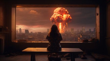 Girl looking at the nuclear explosion. Atomic bomb blast in the city. Apocalypse. World war. Destruction. AI Generatedの素材