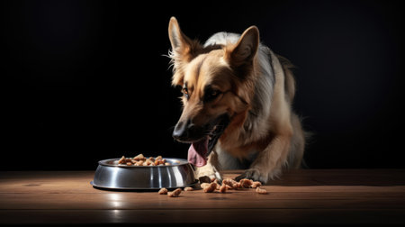 German Shepherd lying next to a bowl with dog food, tongue is hanging. Black background. AI Generatedの素材