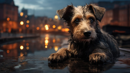 Cute stray dog sitting on the road in a big city. A little puppy in street of megapolis. Homeless animal. AI Generatedの素材
