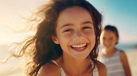Happy smiling little girl at the beach on a beautiful sunny summer day. Holiday and travel. AI Generatedの素材