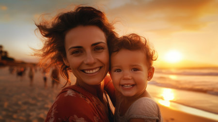 Smiling middle aged mom with her cute little child on the beach at sunset. Family on vacation and travel. Closeup portrait. AI Generatedの素材