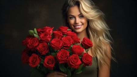 Beautiful happy smiling blonde young woman with a huge bouquet of red roses. AI Generatedの素材