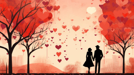 Loving couple and hearts illustration card. St. Valentines Day. Love and happy relationship concept. AI Generatedの素材