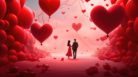 Loving couple and 3d hearts illustration card. St. Valentines Day. Love and happy relationship concept. AI Generatedの素材