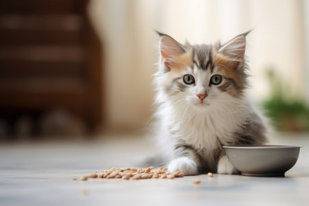 Funny little fluffy kitten eats dry food from a bowl. Cat indoors. AI Generatedの素材