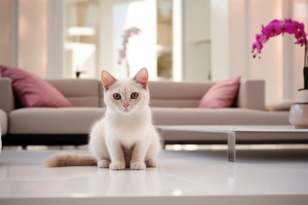 Beautiful white fluffy cat in a nicely decorated home. Pet indoors. AI Generatedの素材