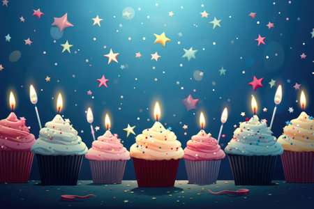 Birthday cupcakes with candles. Illustration card with copy space. Stars on the background. AI Generatedの素材