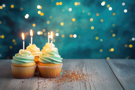 Cupcakes with candles on the table. Beautiful lights at background. Happy birthday, party, holiday mood. AI Generatedの素材